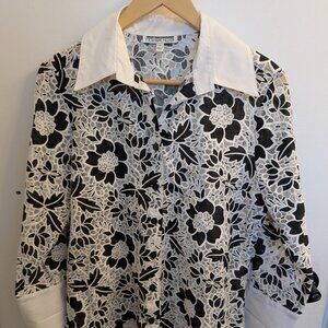 Vintage floral lace black and white button down blouse top- size medium.
